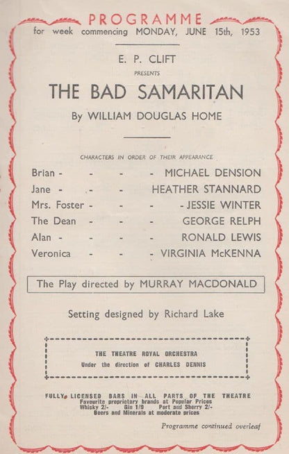 The Bad Samaritan William Douglas Home 1953 Nottingham Theatre Royal Programme