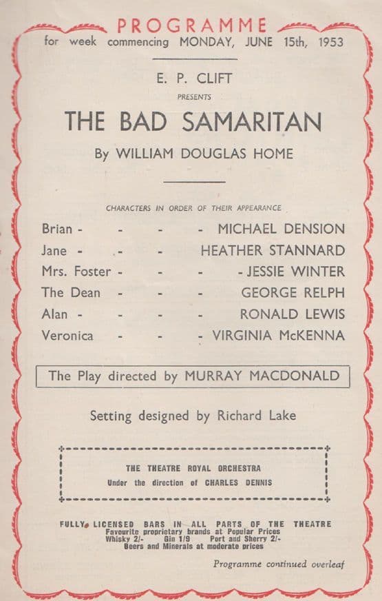 The Bad Samaritan William Douglas Home 1953 Nottingham Theatre Royal Programme