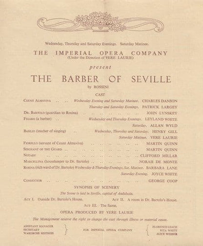 The Barber Of Seville Rossini 1951 Rochdale Manchester Opera Theatre Programme