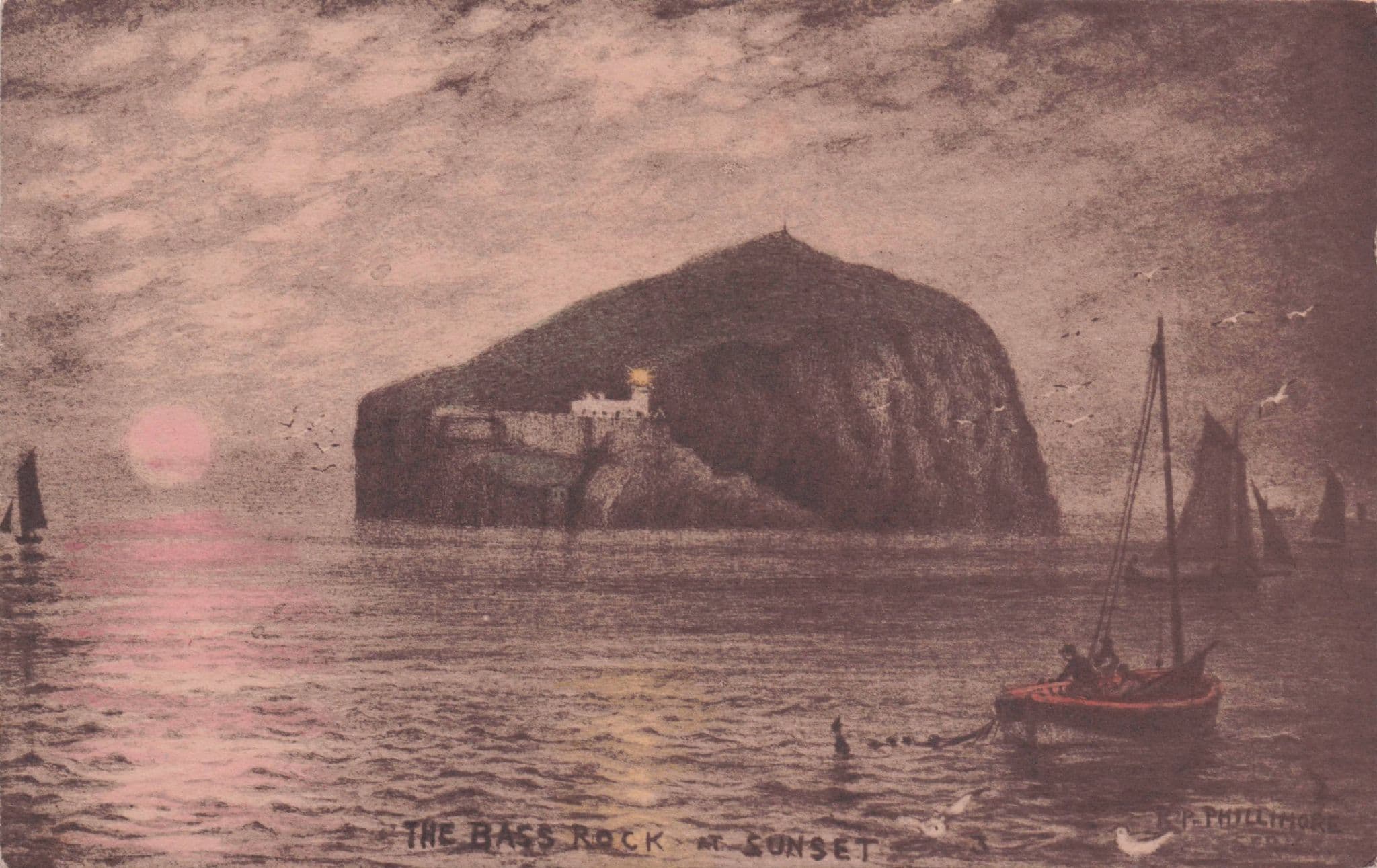 The Bass Rock North Berwick Boats At Sunset Antique R Phillimore Painting Postcard