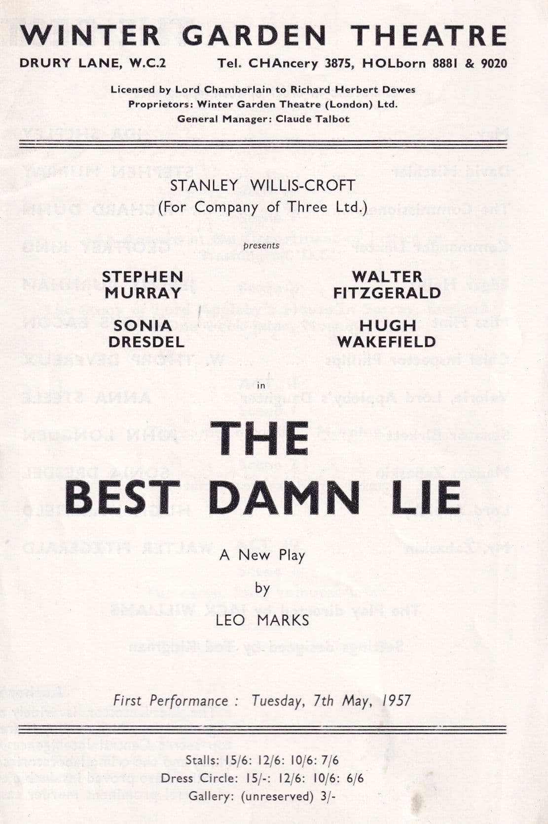 The Best Damn Lie Winter Garden Sonia Dresdel Theatre Programme