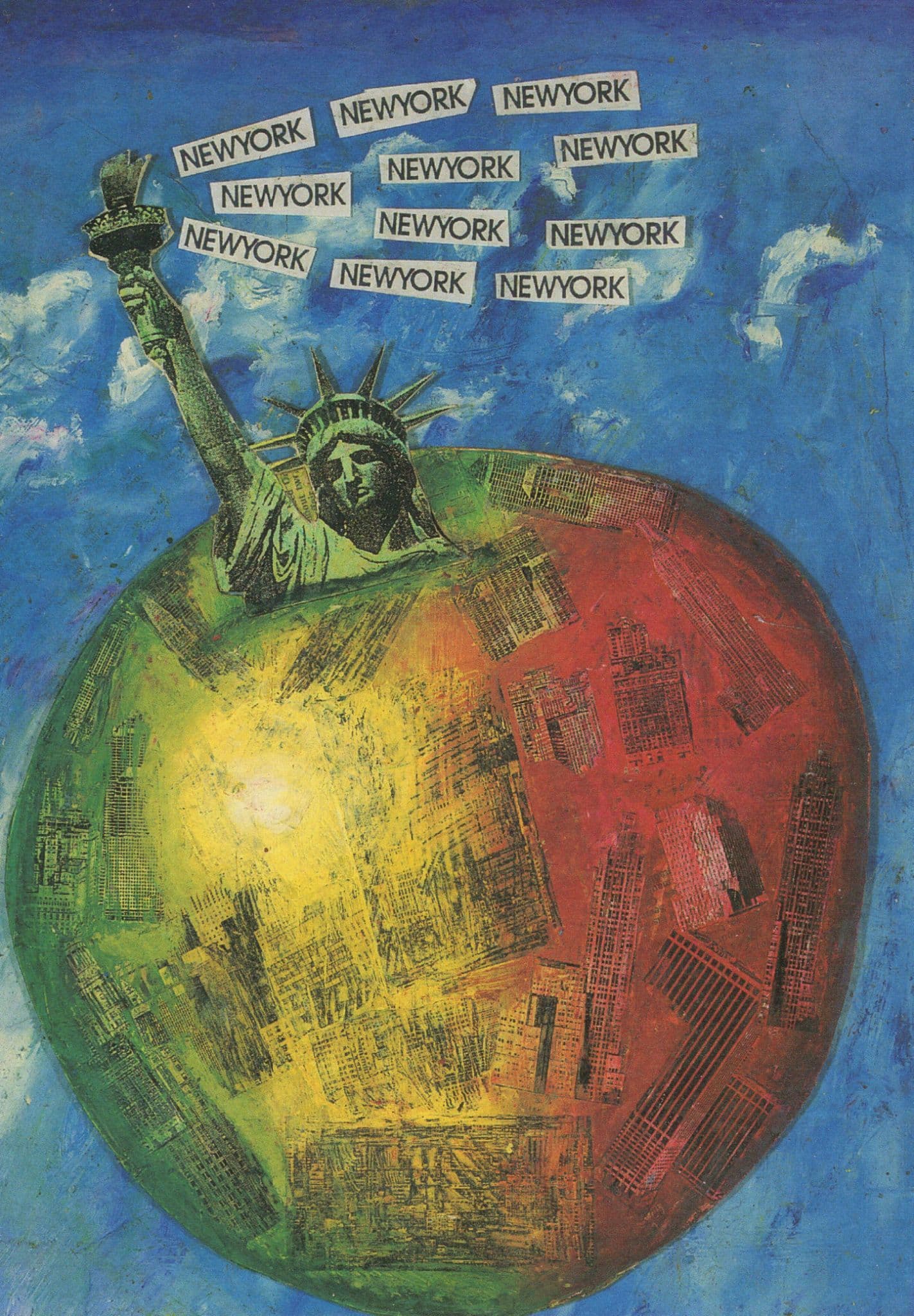 The Big Apple New York as Giant Collapsing Statue In Fruit Postcard