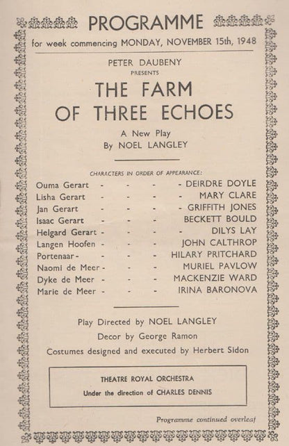 The Farm Of The Three Echoes Noel Langley 40s Nottingham Theatre Royal Programme