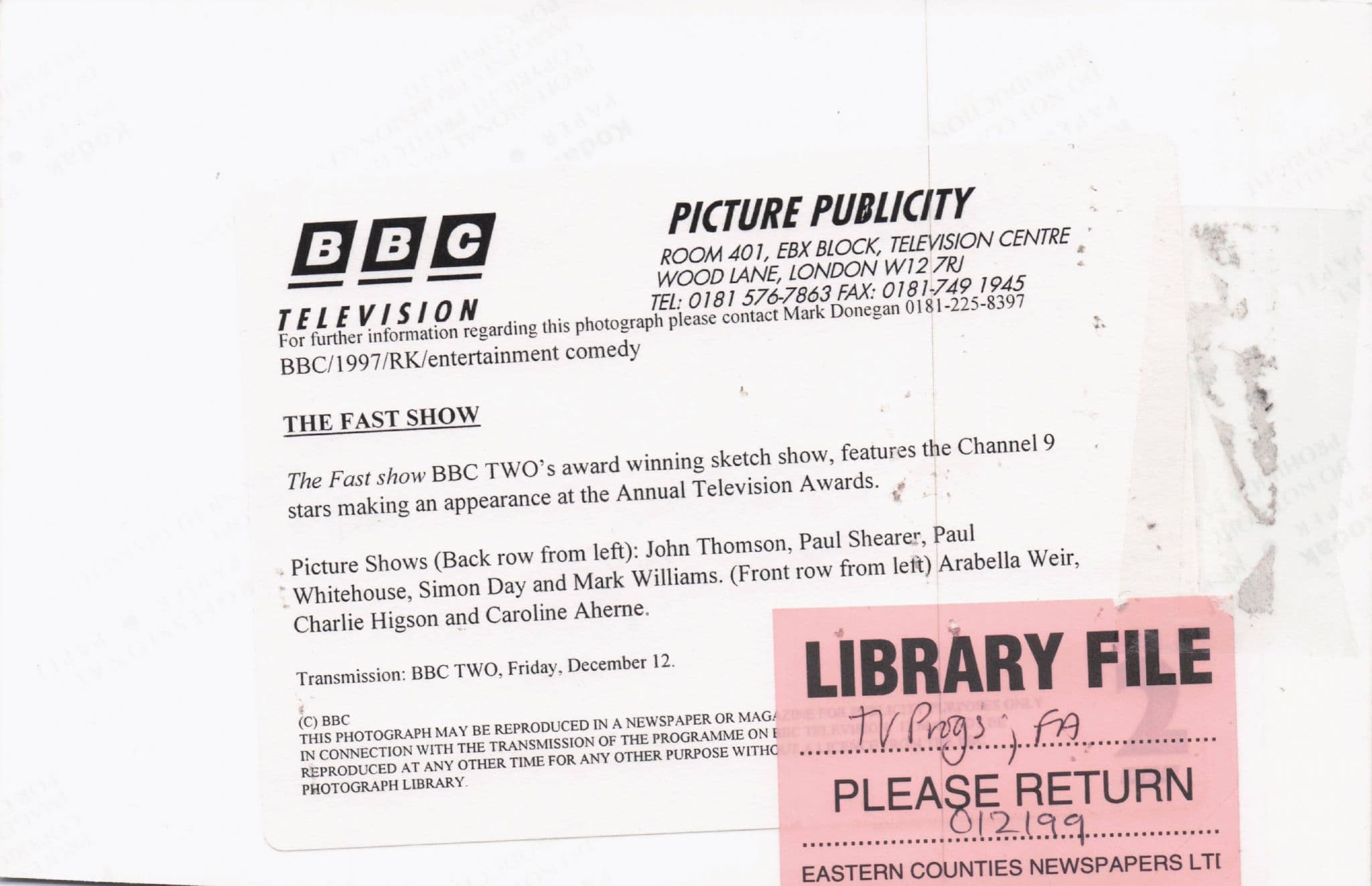 The Fast Show with Channel 9 Stars 1997 BBC TV Press Photo