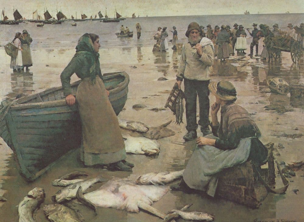 The Fish Sale On Cornish Beach Fishing Painting Postcard