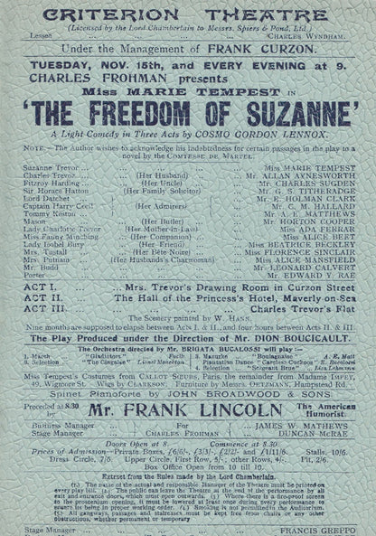 The Freedom of Suzanne Marie Tempest Criterion London Theatre Programme