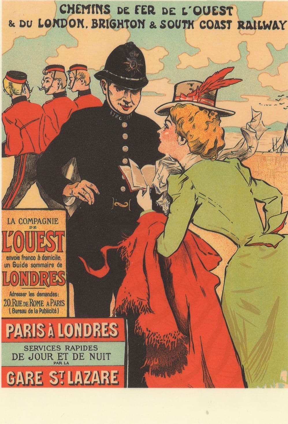 The French Girl & The Policeman London Travel Poster Postcard