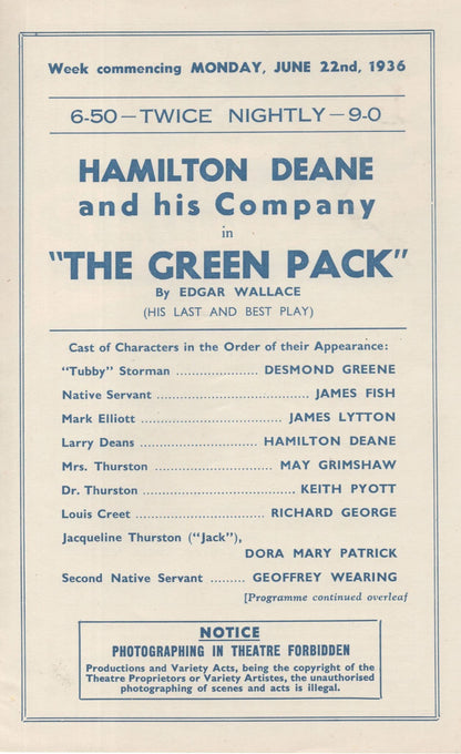 The Green Pack Edgar Wallace The Prisoner Nottingham Theatre Programme