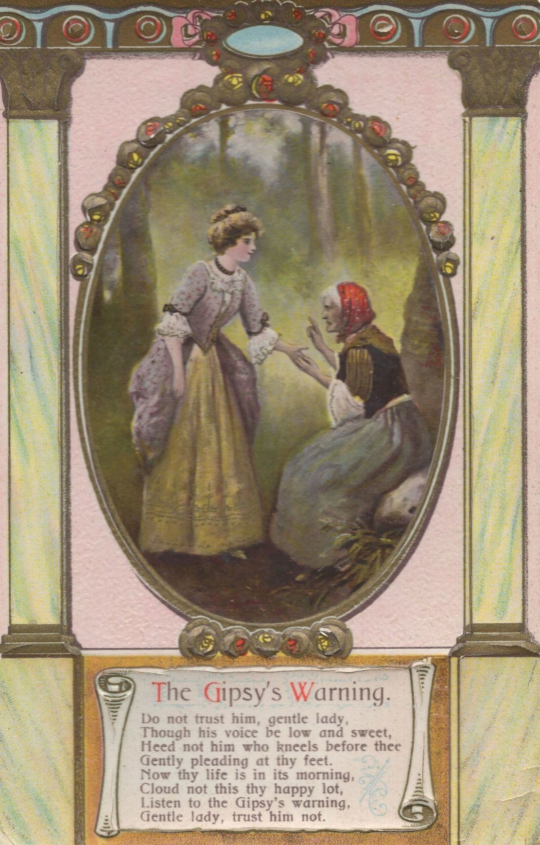 The Gypsy's Warning Palmistry 3D Antique Fortune Telling Postcard