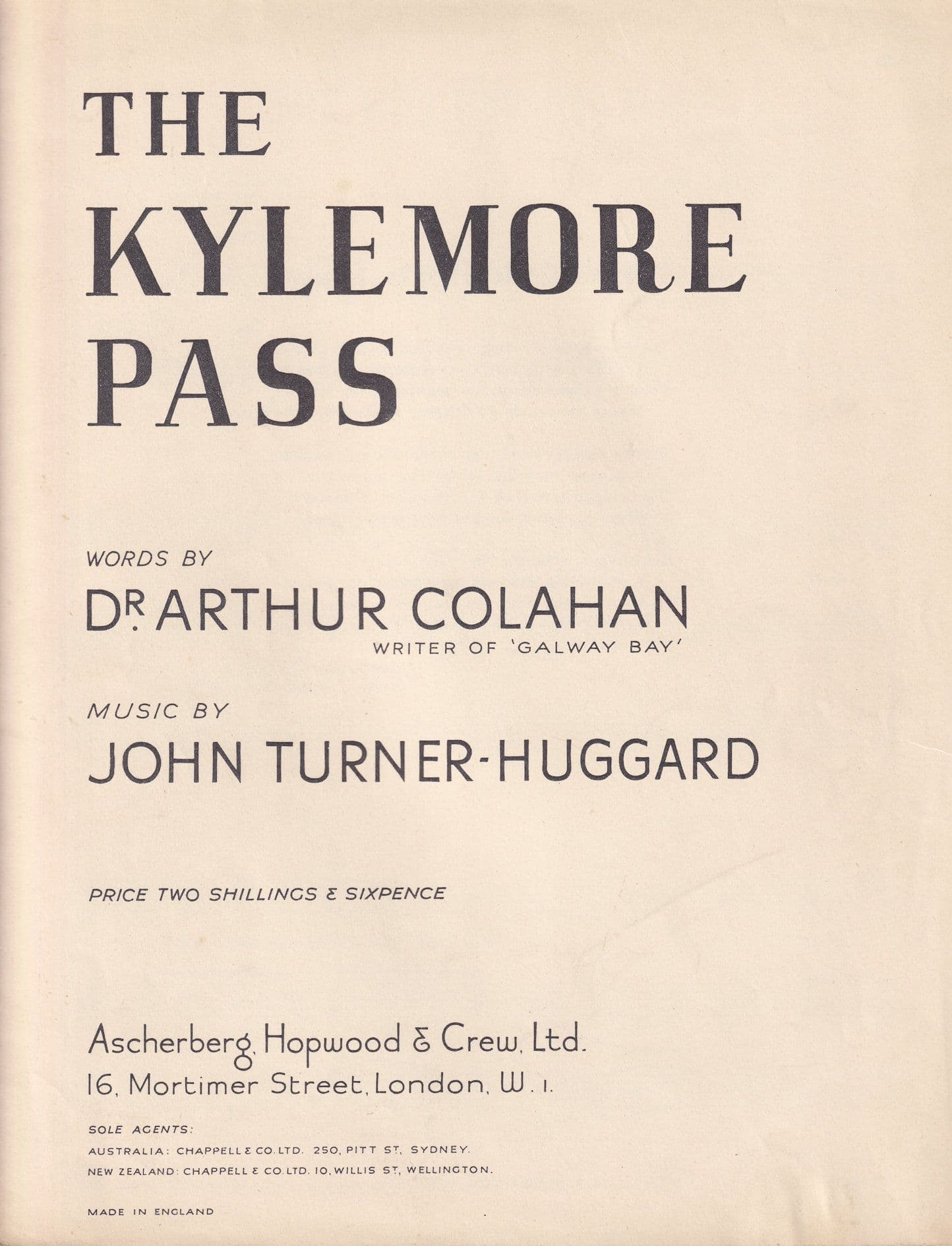 The Kylemore Pass John Turner Huggard Irish Olde Folk Sheet Music