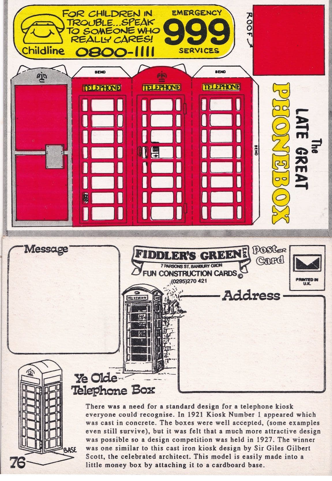 The Late Great Phonebox Telephone Model Construction Postcard