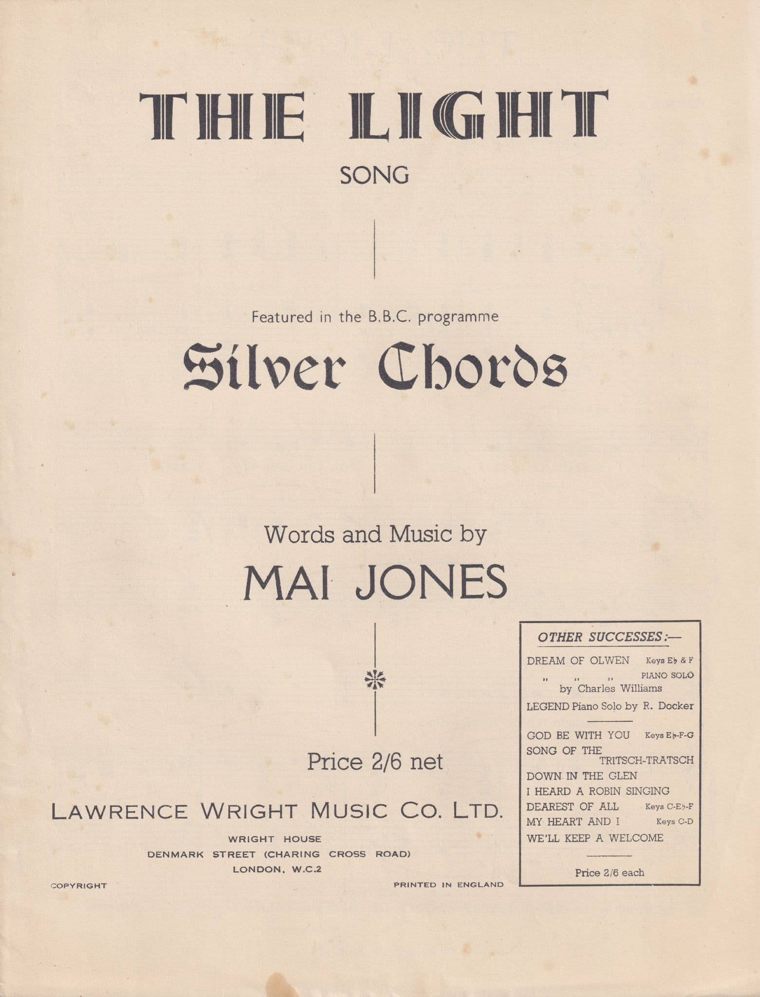 The Light Song Theme From BBC Show Silver Chords 1950s Sheet Music