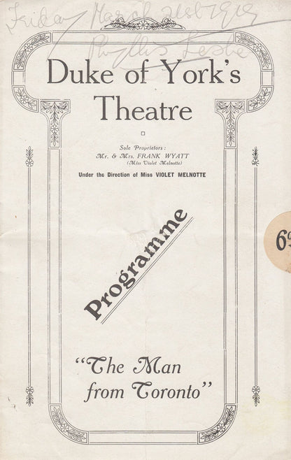 The Man From Toronto Comedy Duke Of Yorks London Theatre Programme