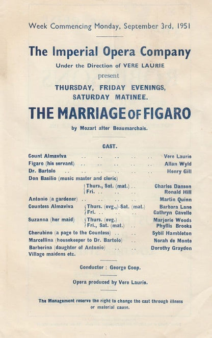 The Marriage Of Figaro HM Carlisle Opera Welsh Theatre Programme