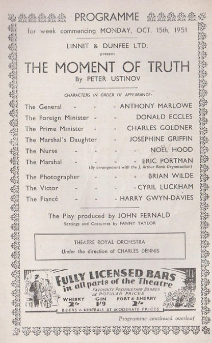 The Moment Of Truth Peter Ustinov Noel Hood Nottingham Theatre Royal Programme