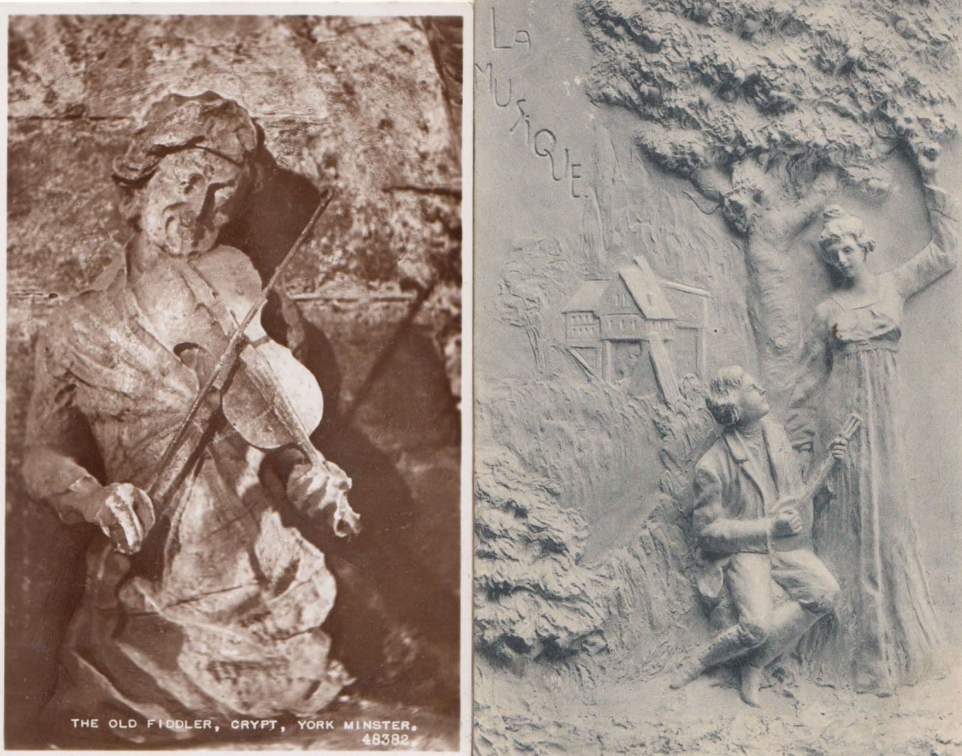 The Old Fiddler Crypt Yorkshire & Angel Lute Mural Sculpture 2x Antique Postcard