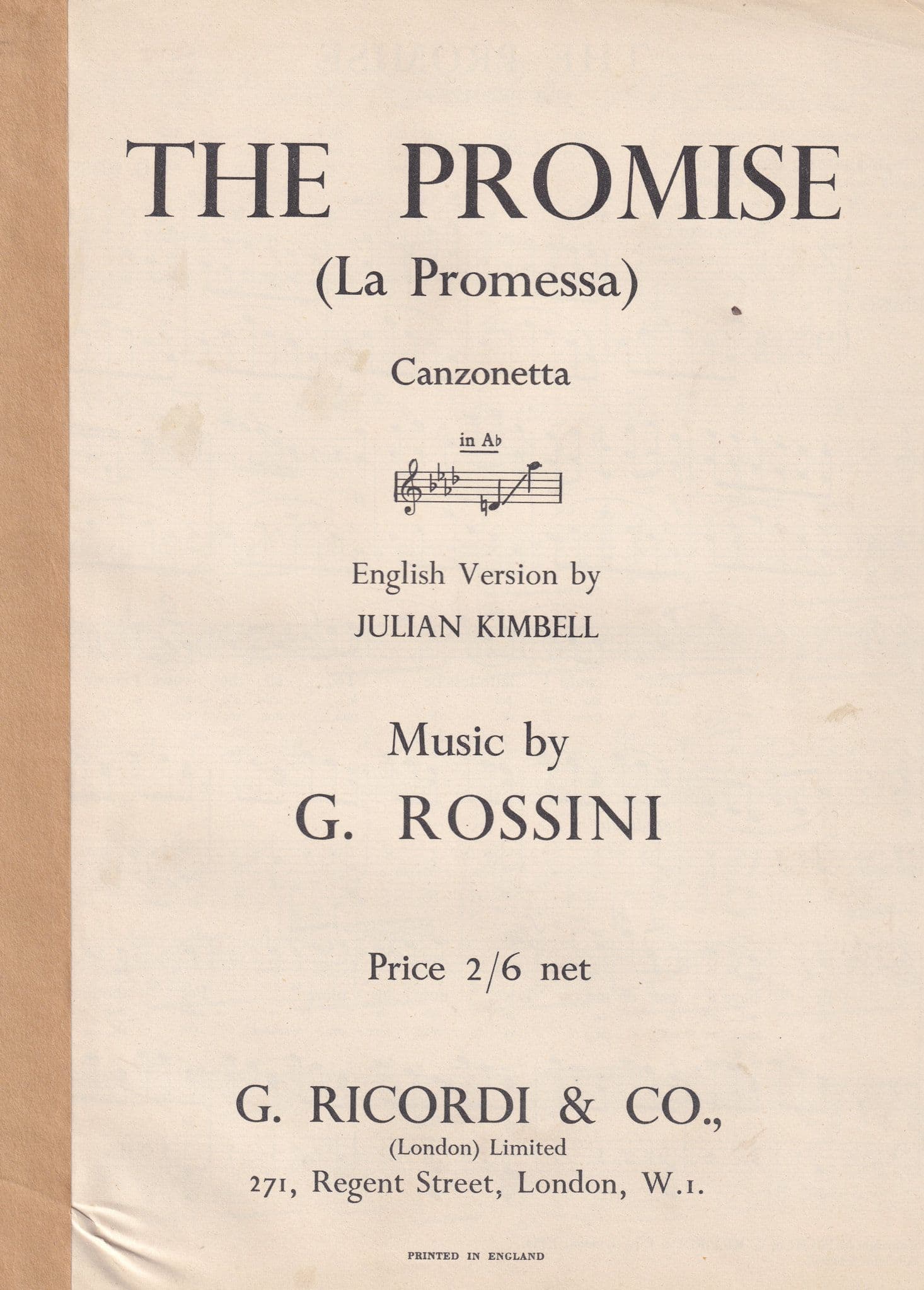 The Promise G Rossini Conzonetta Rare Classical Sheet Music