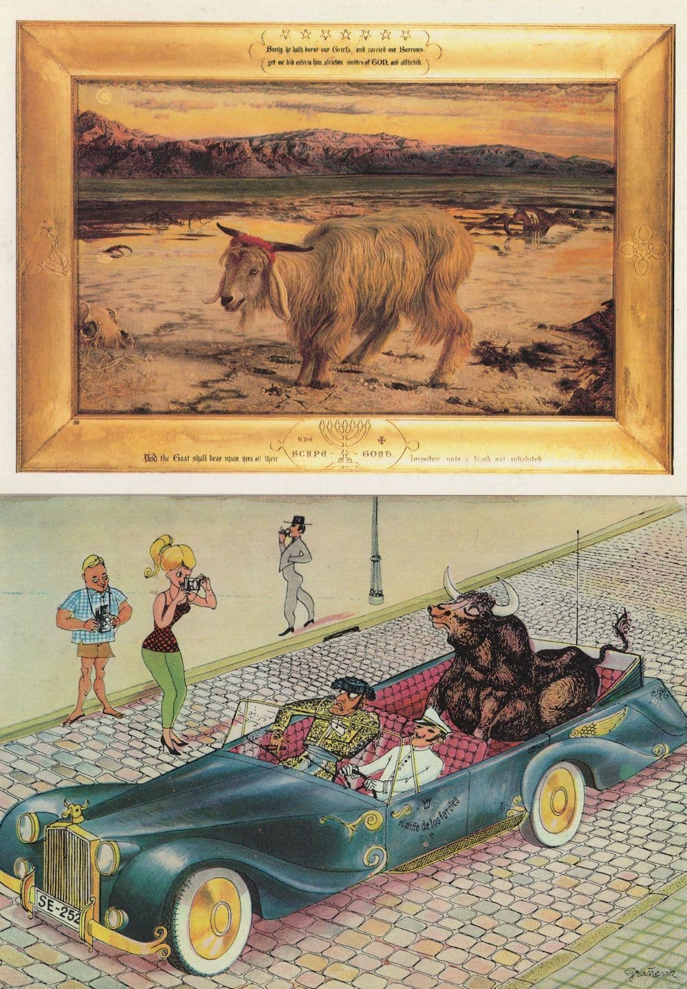 The Scapegoat Bull Painting & Spanish Comic 2x Postcard s