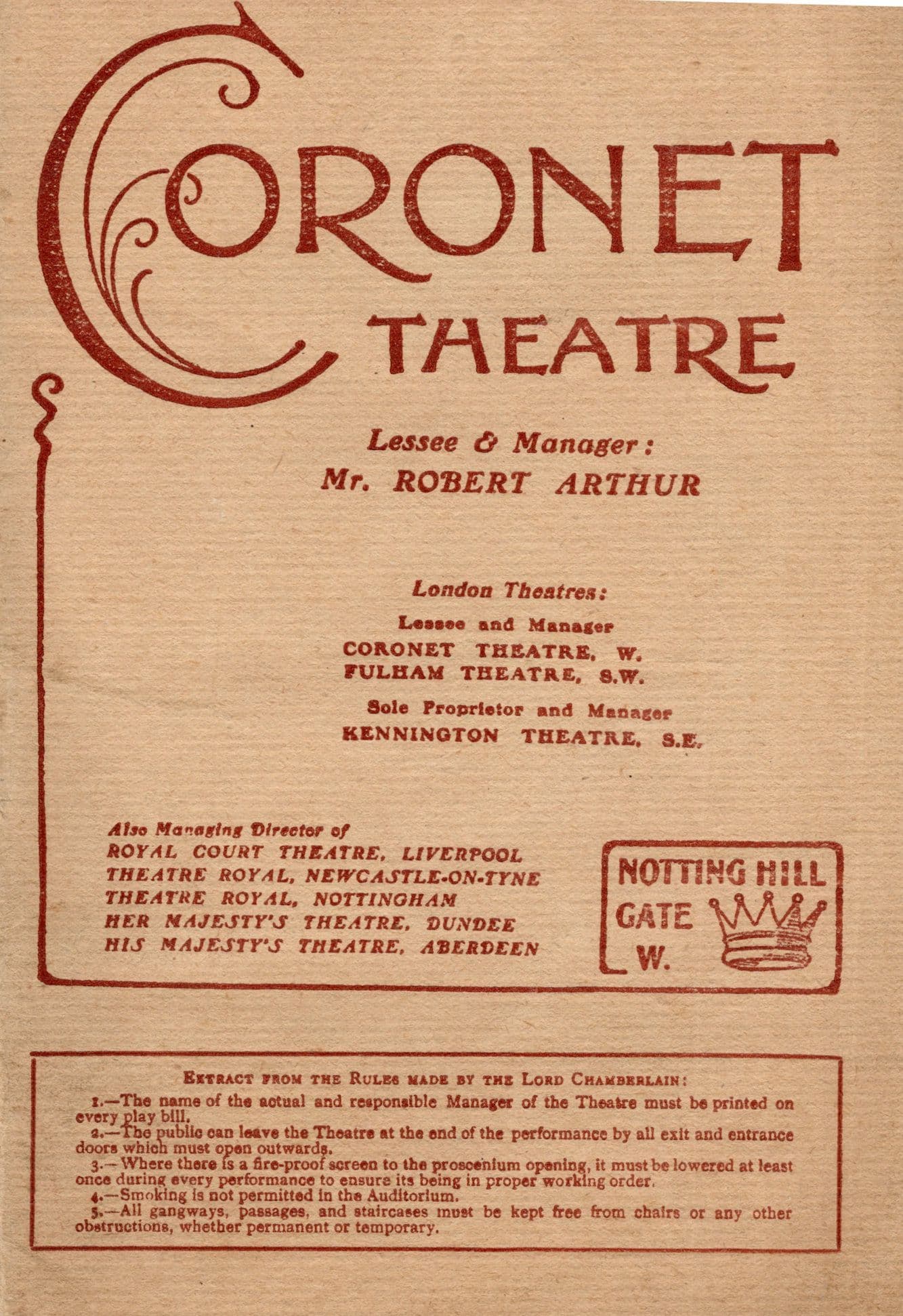 The Scarlet Pimpernel Fulham Coronet Fred Terry 1908 Theatre Programme