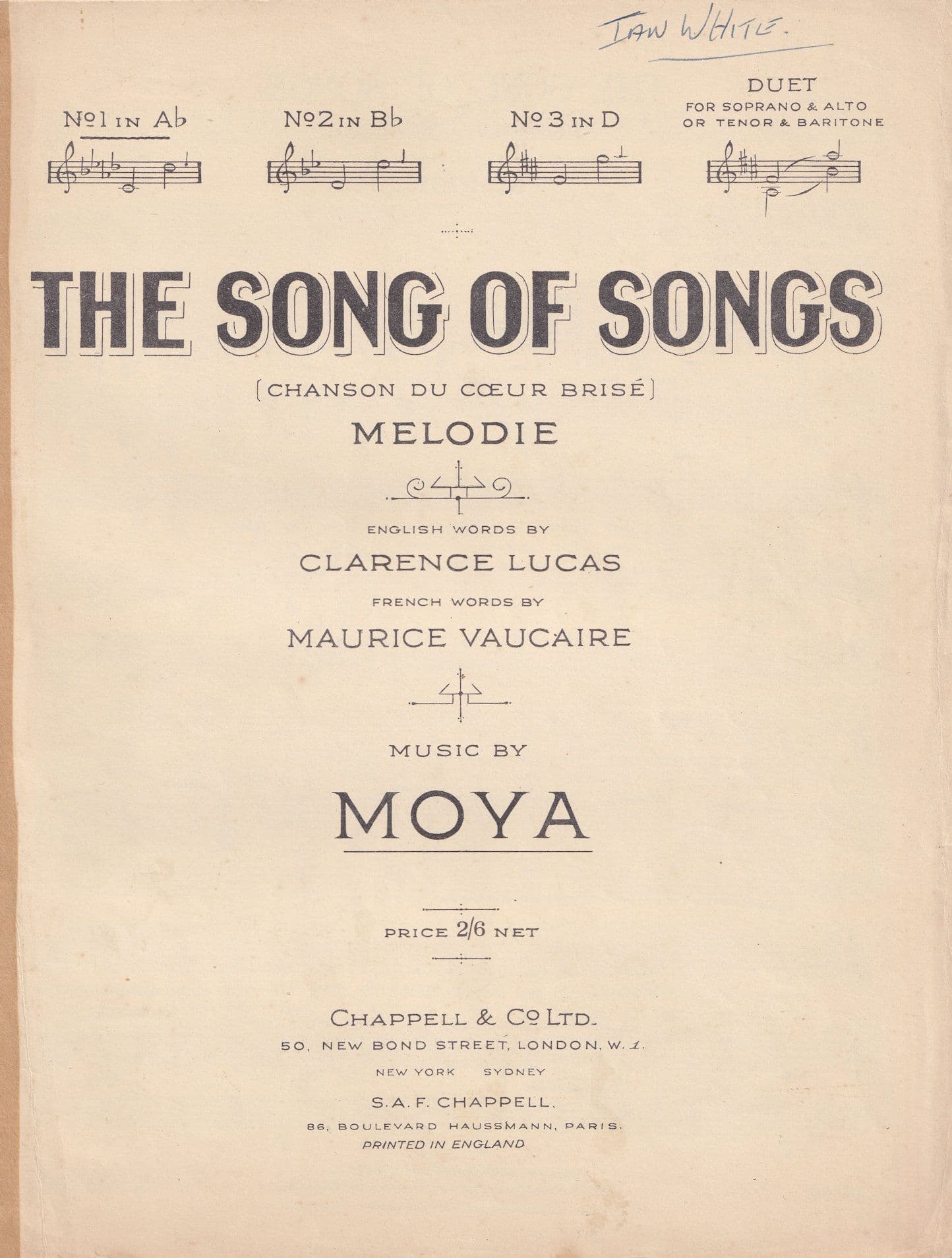 The Song Of Songs Moya Olde French Piano Sheet Music