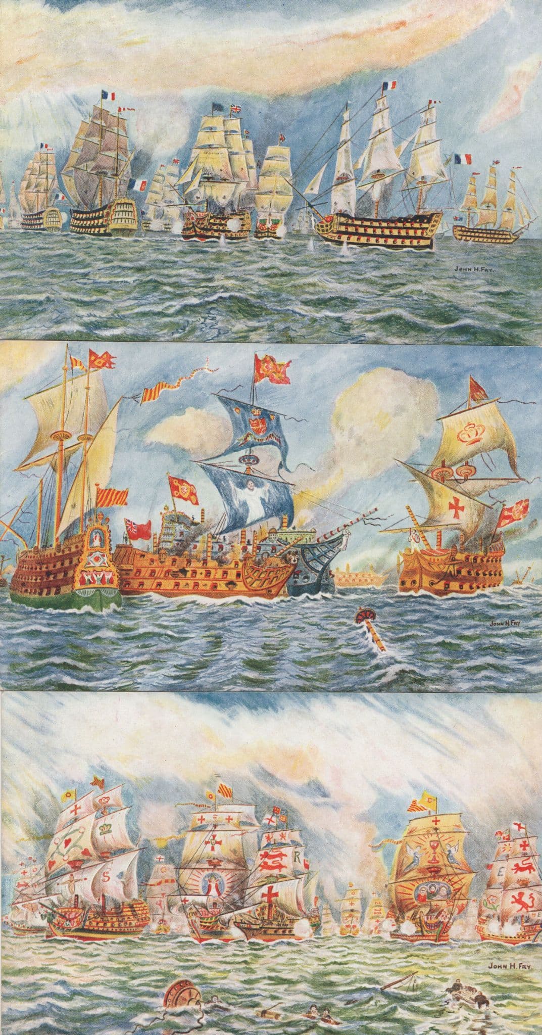 The Spanish Armada Procession Of War Ships 3x Old Postcard s