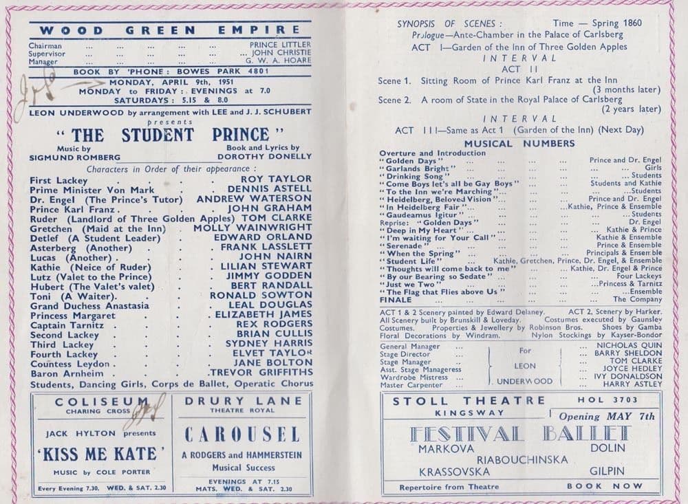 The Student Prince Rex Rodgers Wood Green London Musical Theatre Programme