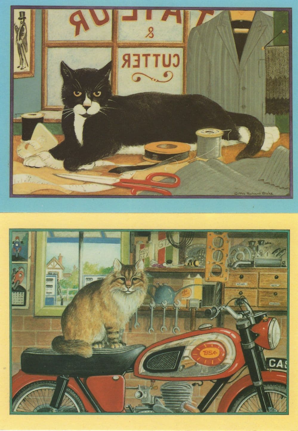 The Tailors Garage Cat 2x Cats Painting Postcard s