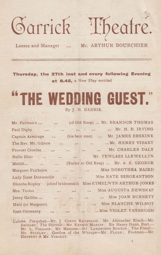 The Wedding Guest JR Barrie Comedy Garrick Theatre Antique Programme