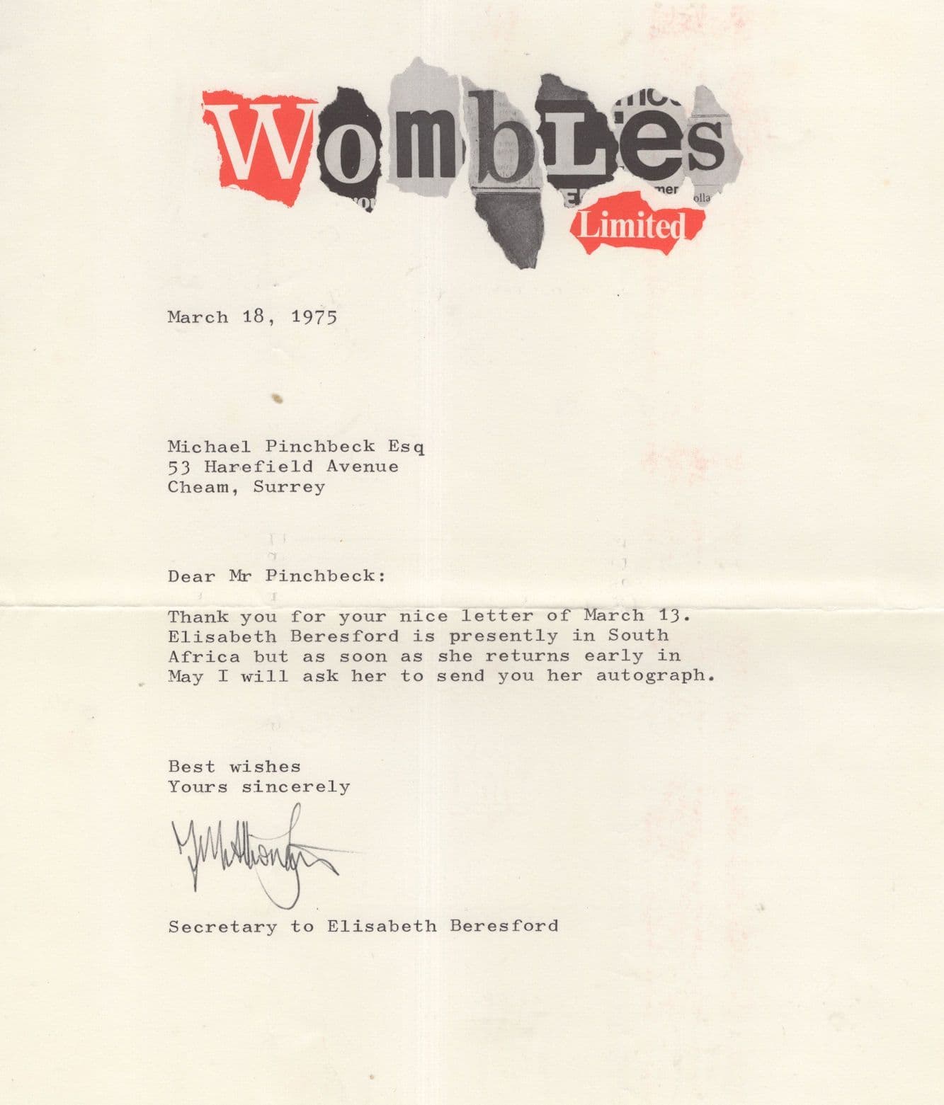 The Wombles Elizabeth Beresford Secretary 1970s Hand Signed Letter