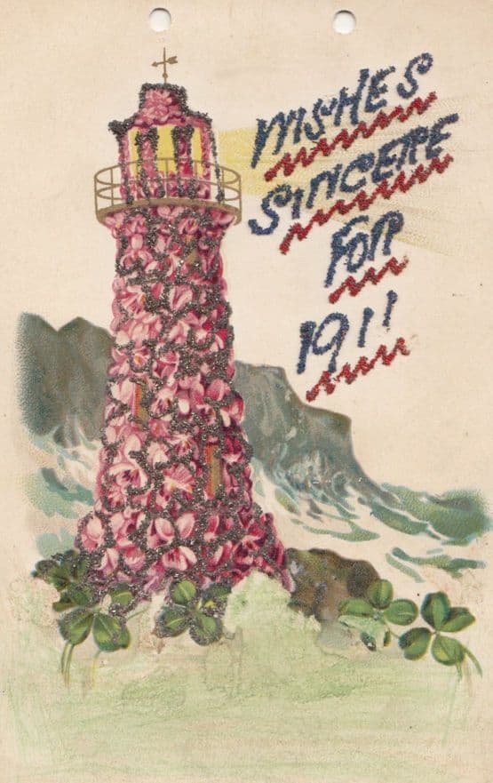 The Year 1911 Lighthouse REAL GLITTER ANTIQUE Sparkle Old Postcard