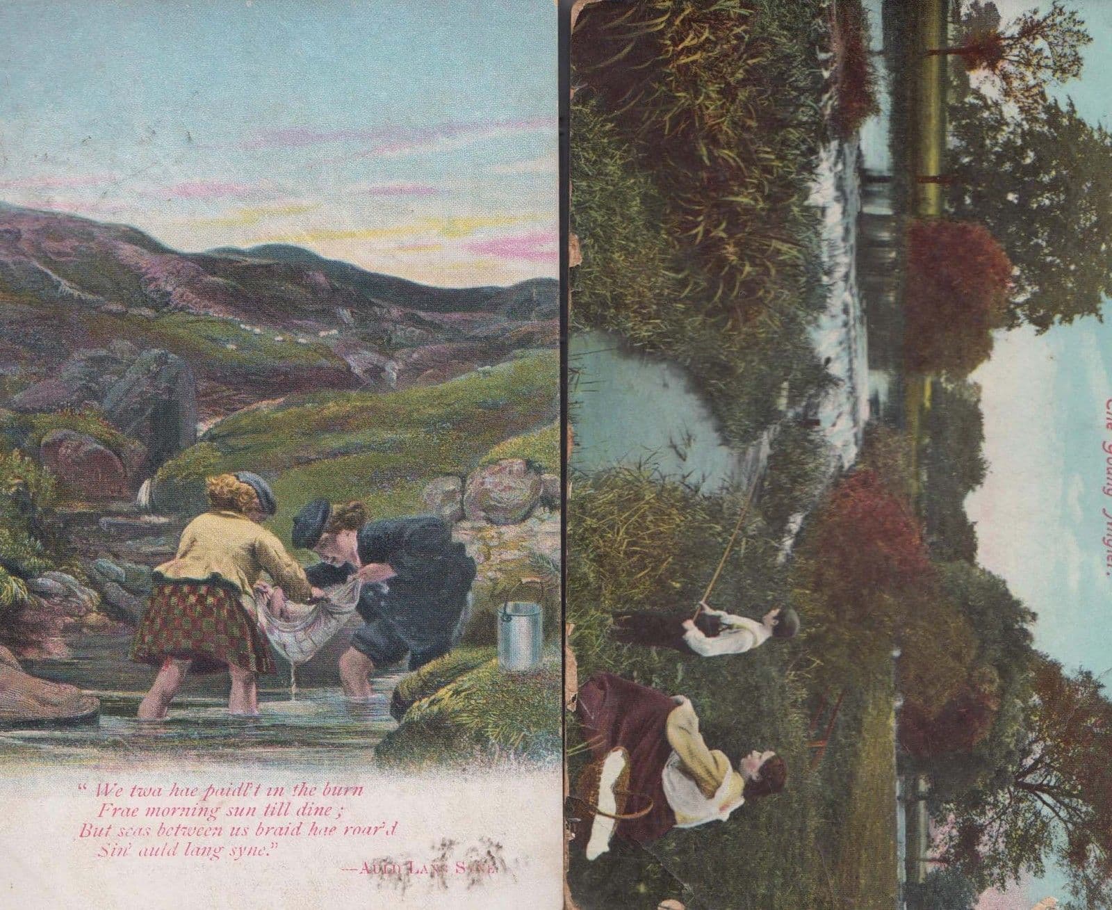 The Young Angler Child Fishing + Scottish Catching Fish Net 2 Antique Postcard