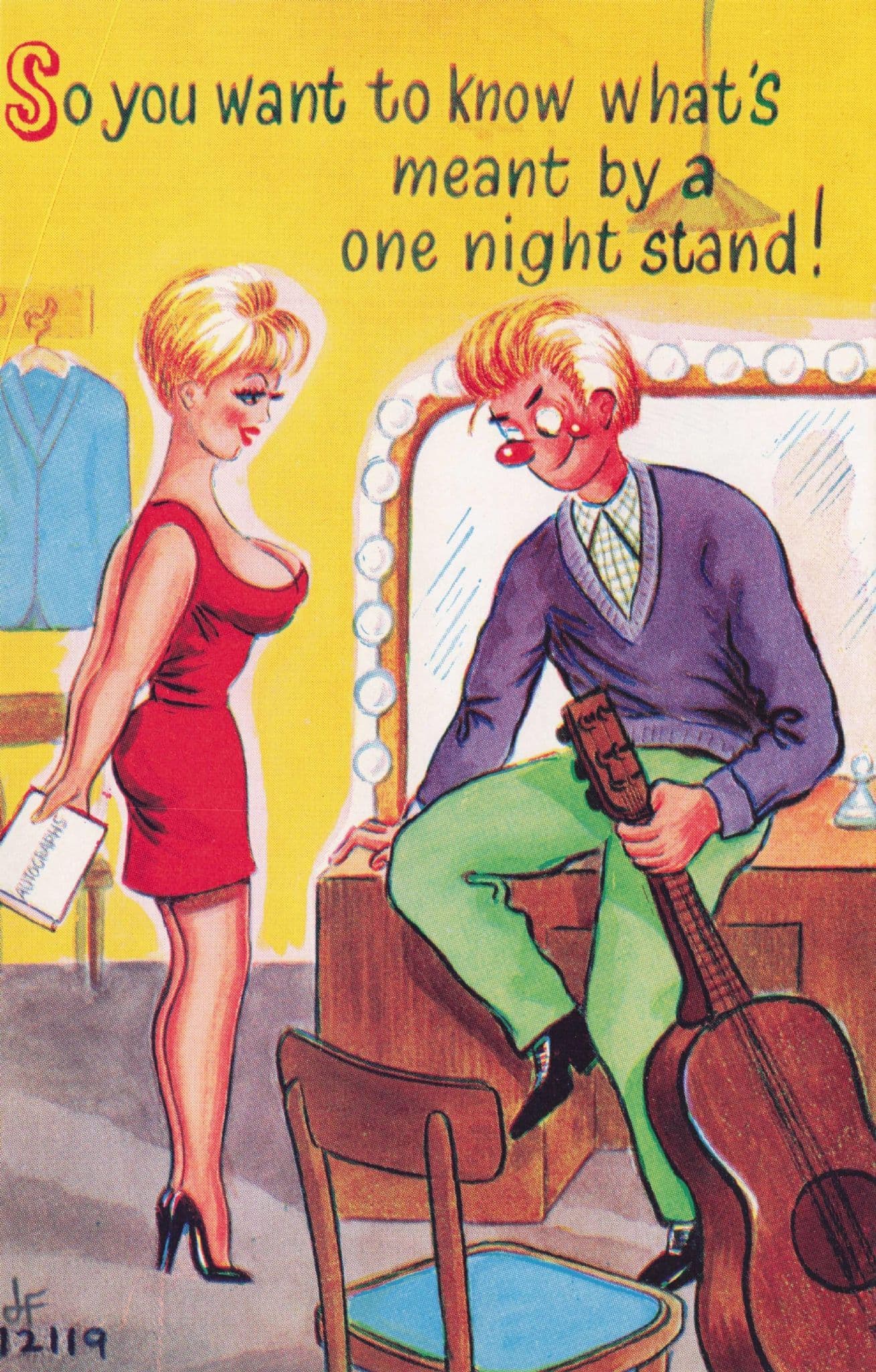 Theatre Director New Actress One Night Stand Guitar 1970s Comic Postcard