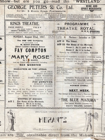 Theatre Royal Portsmouth Fay Compton Mary Rose 1927 Programme