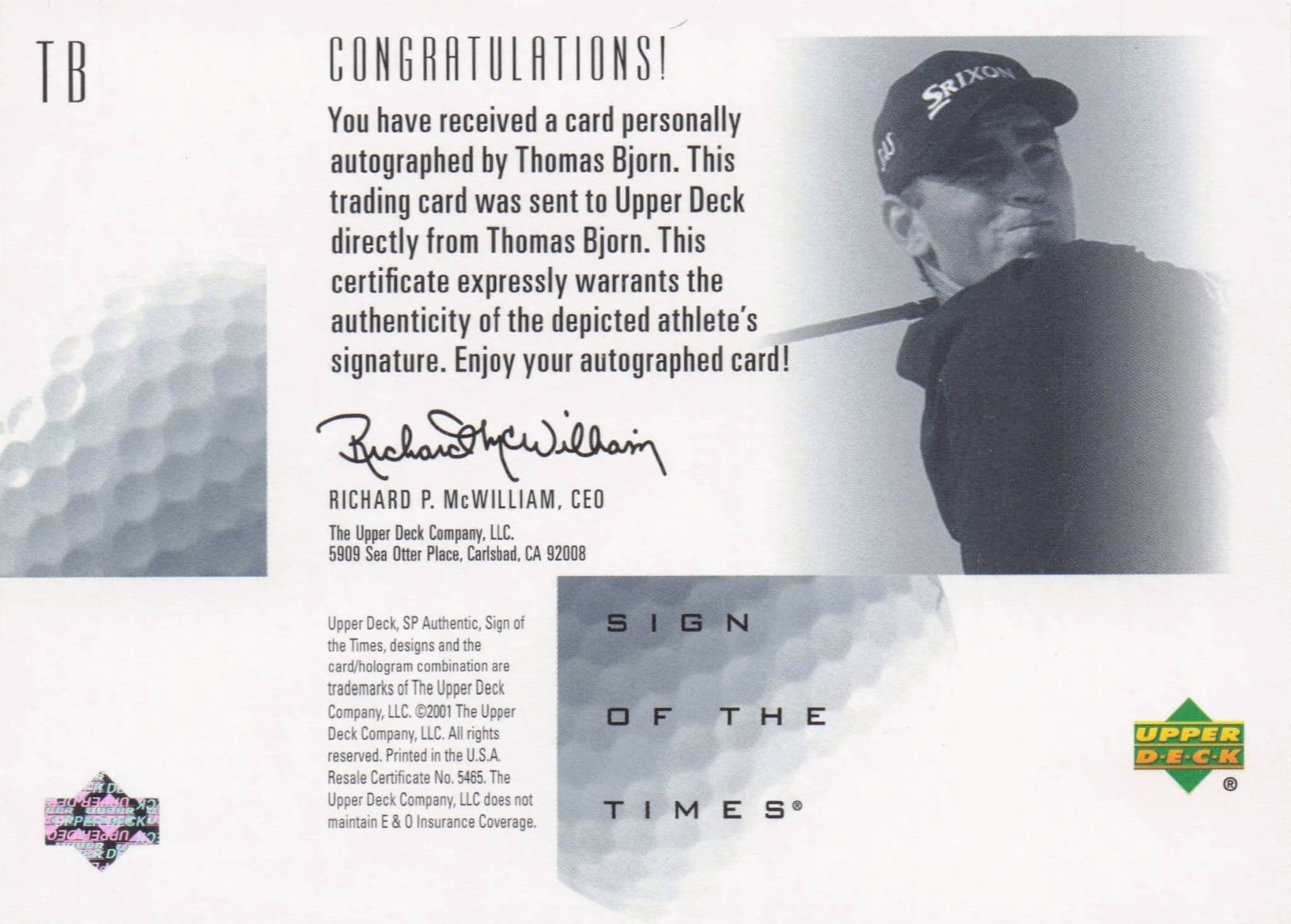 Thomas Bjorn Sign Of The Times Hand Signed 2001 SP Golf Autograph Card