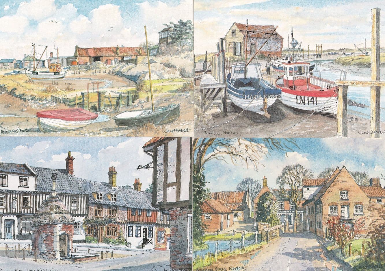 Thornham Brancaster Staithe Little Walsingham 4x Janet Beckett Norfolk Painting Postcard s