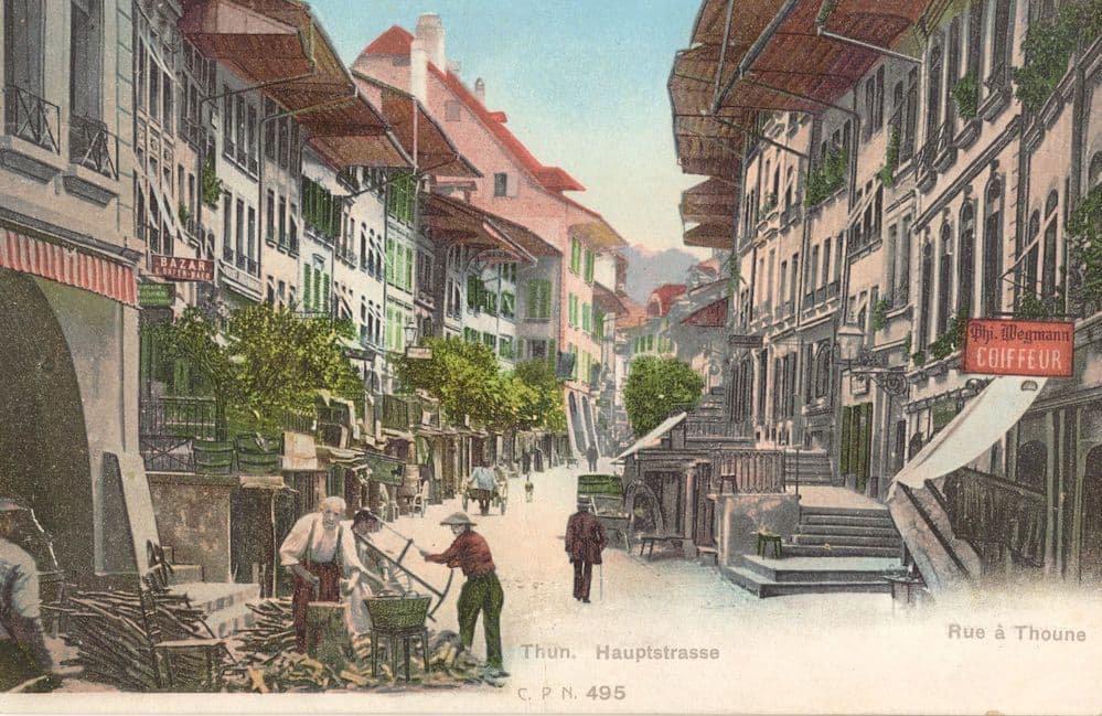 Thun Hauptstrasse Barbers Coiffeur Wood Market Trader Swiss Postcard