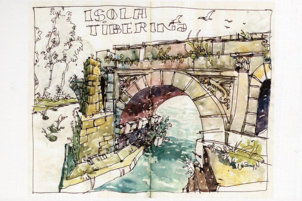 Tiberina Island Rome Italy Bridge Italian Sketch Painting Postcard