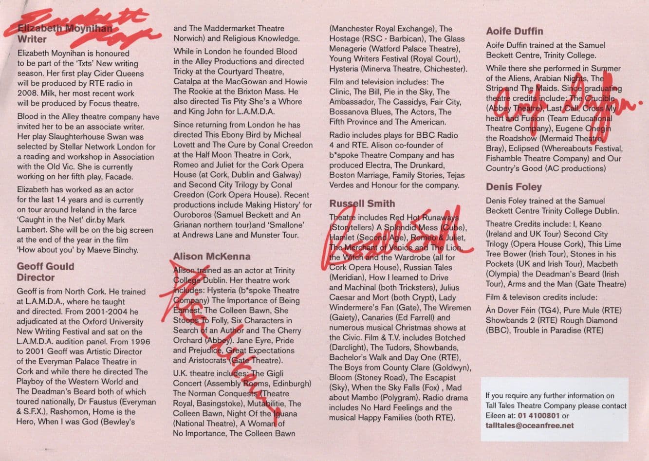 Tic Elizabeth Moynihan 4x Hand Signed Irish Theatre Flyer