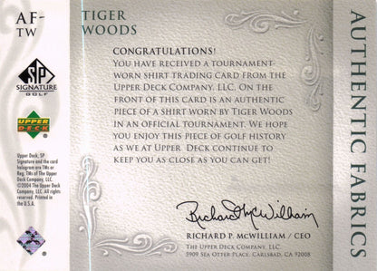 Tiger Woods Authentic Fabrics 2004 Upper Deck Real Golf Shirt Card