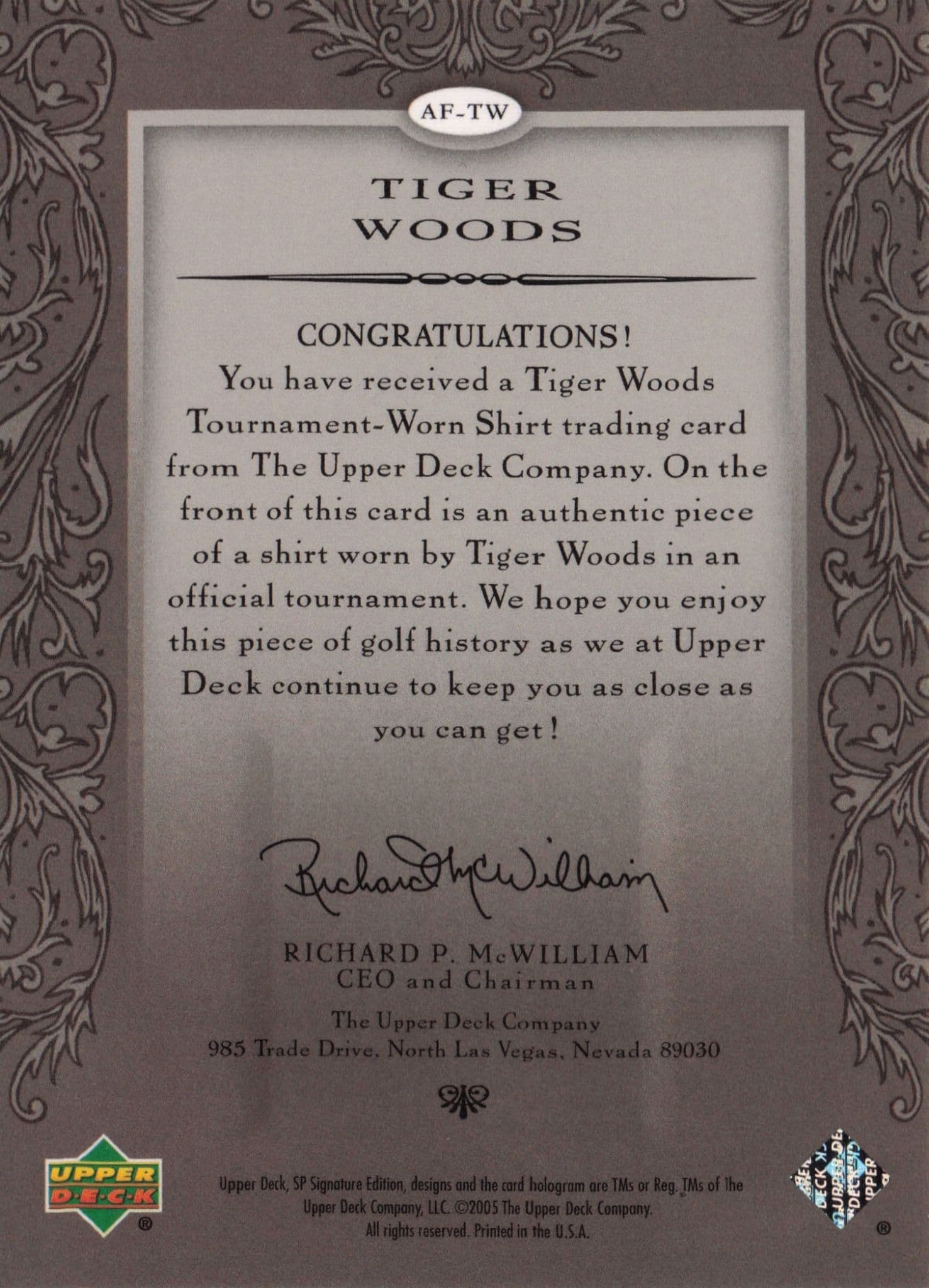Tiger Woods Authentic Fabrics 2005 SP Golf Upper Deck Worn Shirt Card