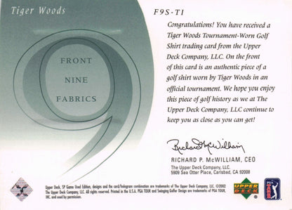 Tiger Woods Front 9 Fabric 2002 Upper Deck Authentic Shirt Card