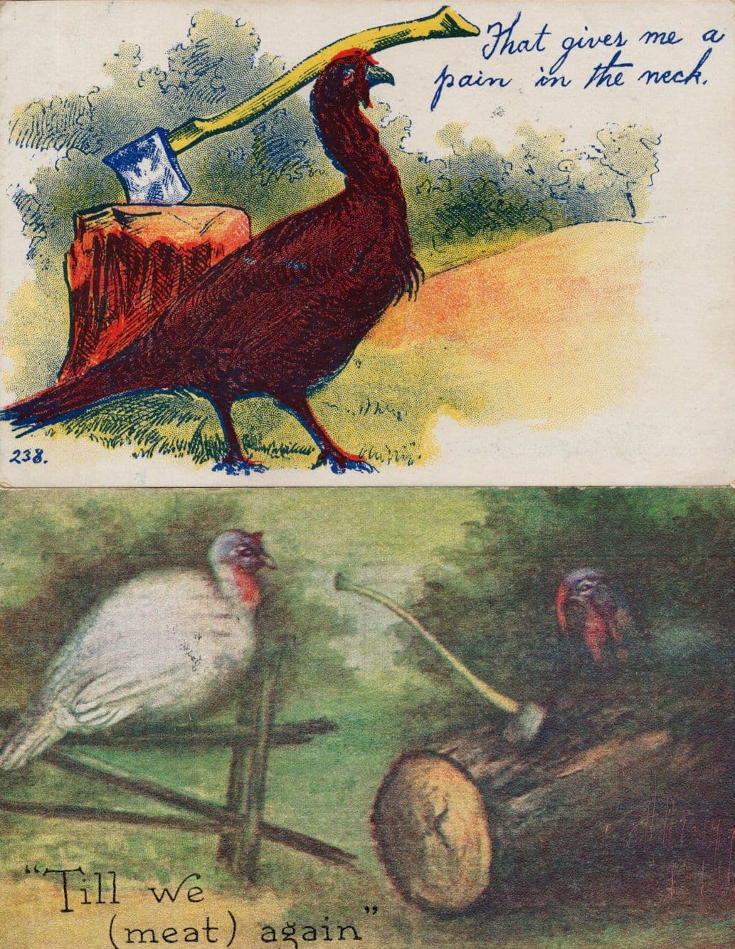 Till We Meat Again Hen Bird Butchers USA 2x Comic Old Postcard s