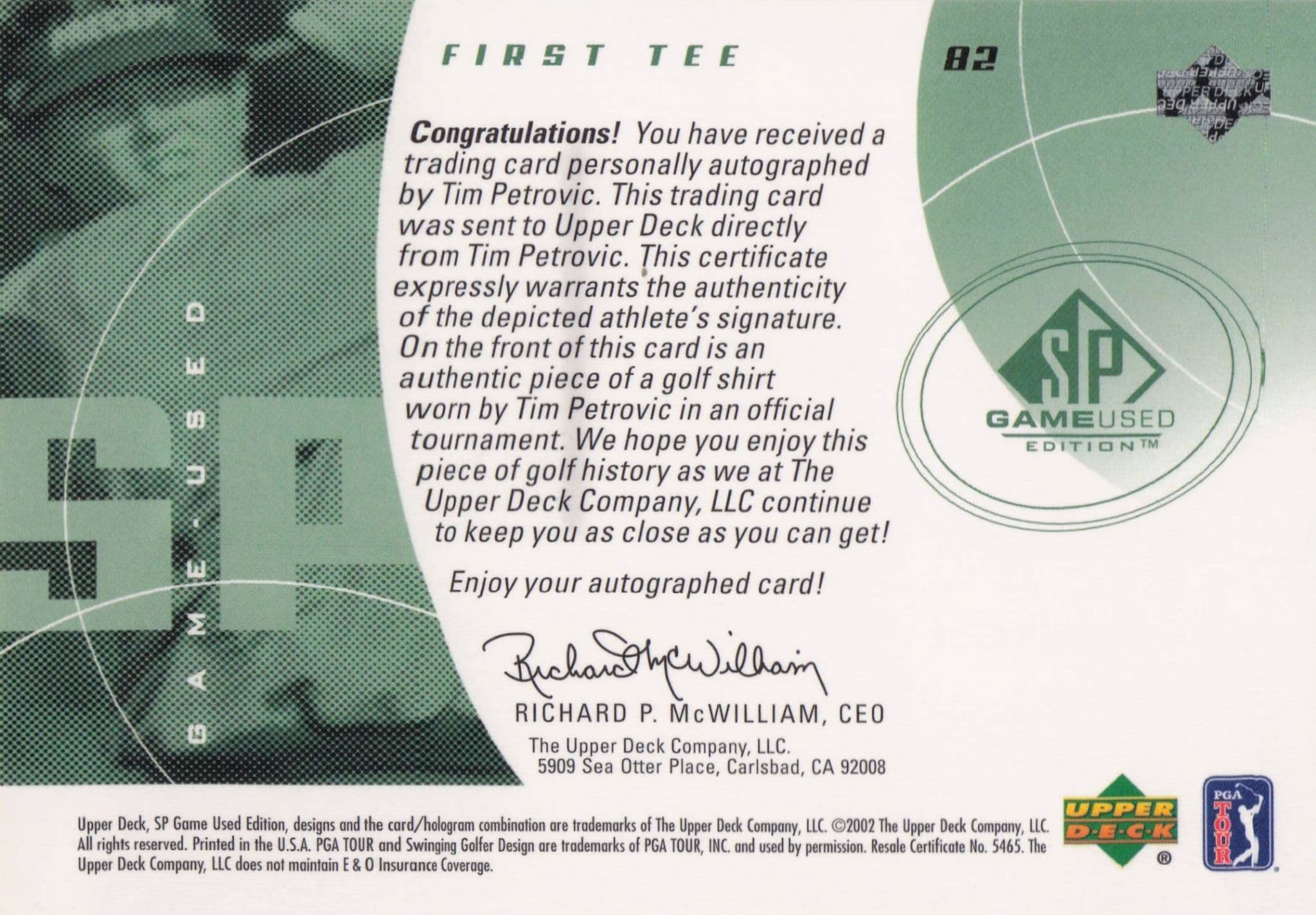 Tim Petrovic First Tee 2002 Golf Upper Deck Hand Signed Worn Shirt Card