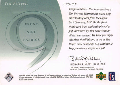 Tim Petrovic Front 9 Fabric 2002 Upper Deck Authentic Shirt Card