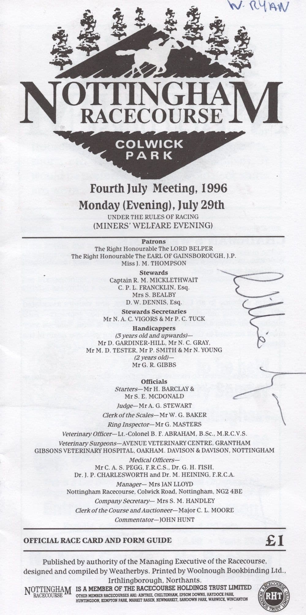 Tim Sprake Horse Racing Nottingham Hand Signed Ladies Day Programme