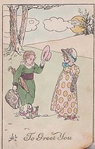 To Greet You Curtsey Top Hot Raised Child With Green Suit Greetings Postcard