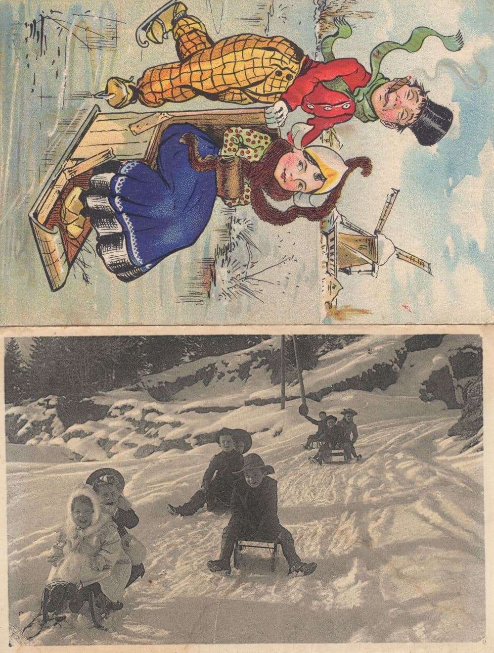 Tobogganing Comic & Real Photo Winter Sports 2x Old Postcard s