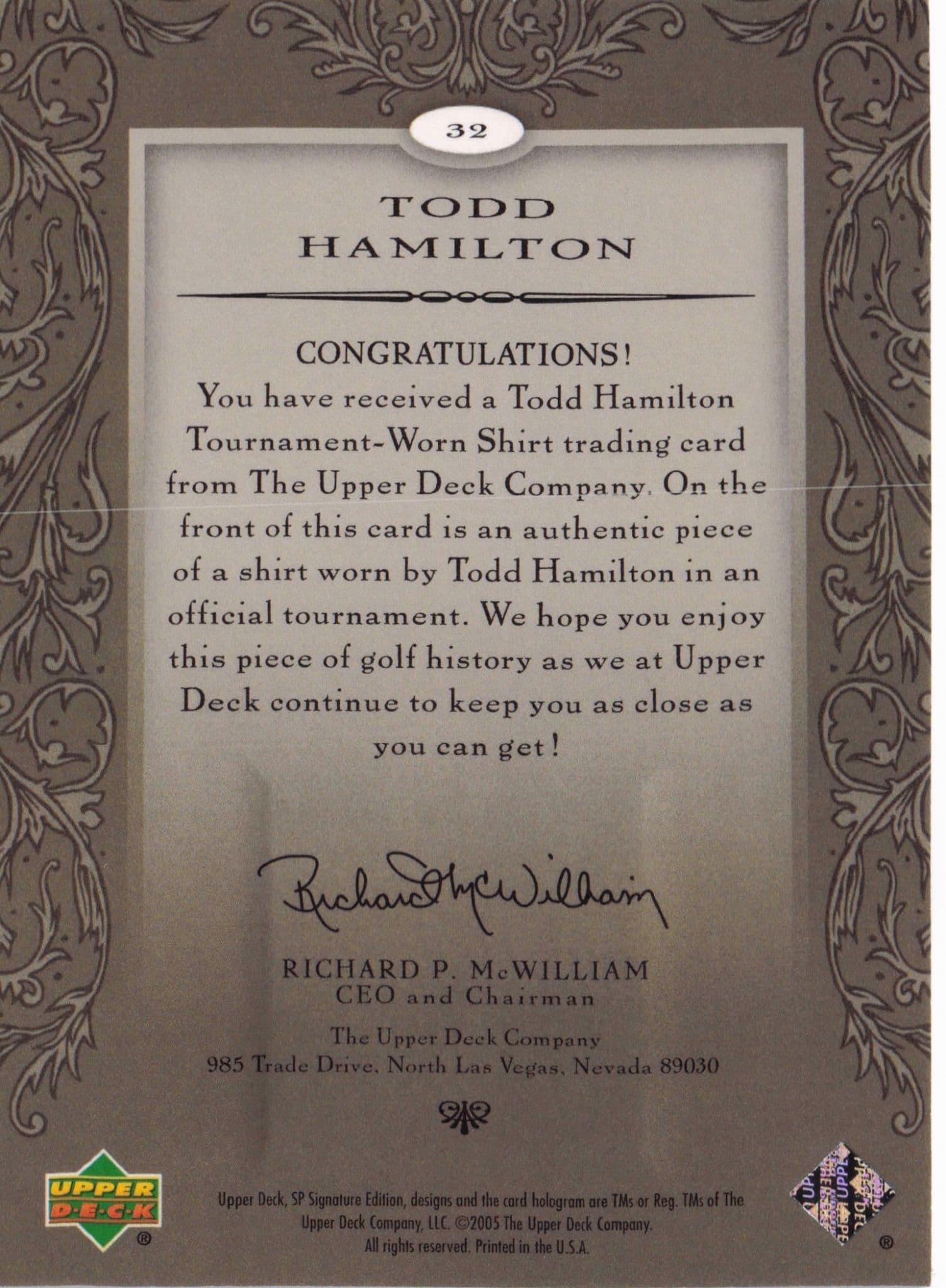 Todd Hamilton First Tee SP 2005 Golf Upper Deck Relic Shirt Card
