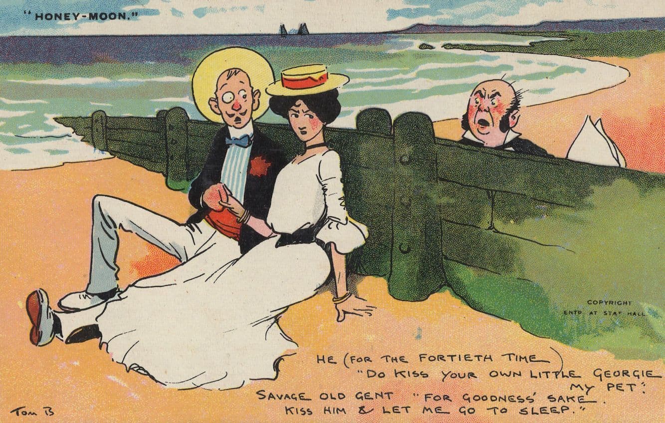 Tom Browne Honey Moon Seaside Kissing Comic Old Postcard