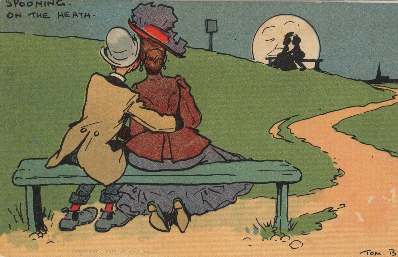 Tom Browne Spooning On The Heath Comic Moon Face Old Postcard